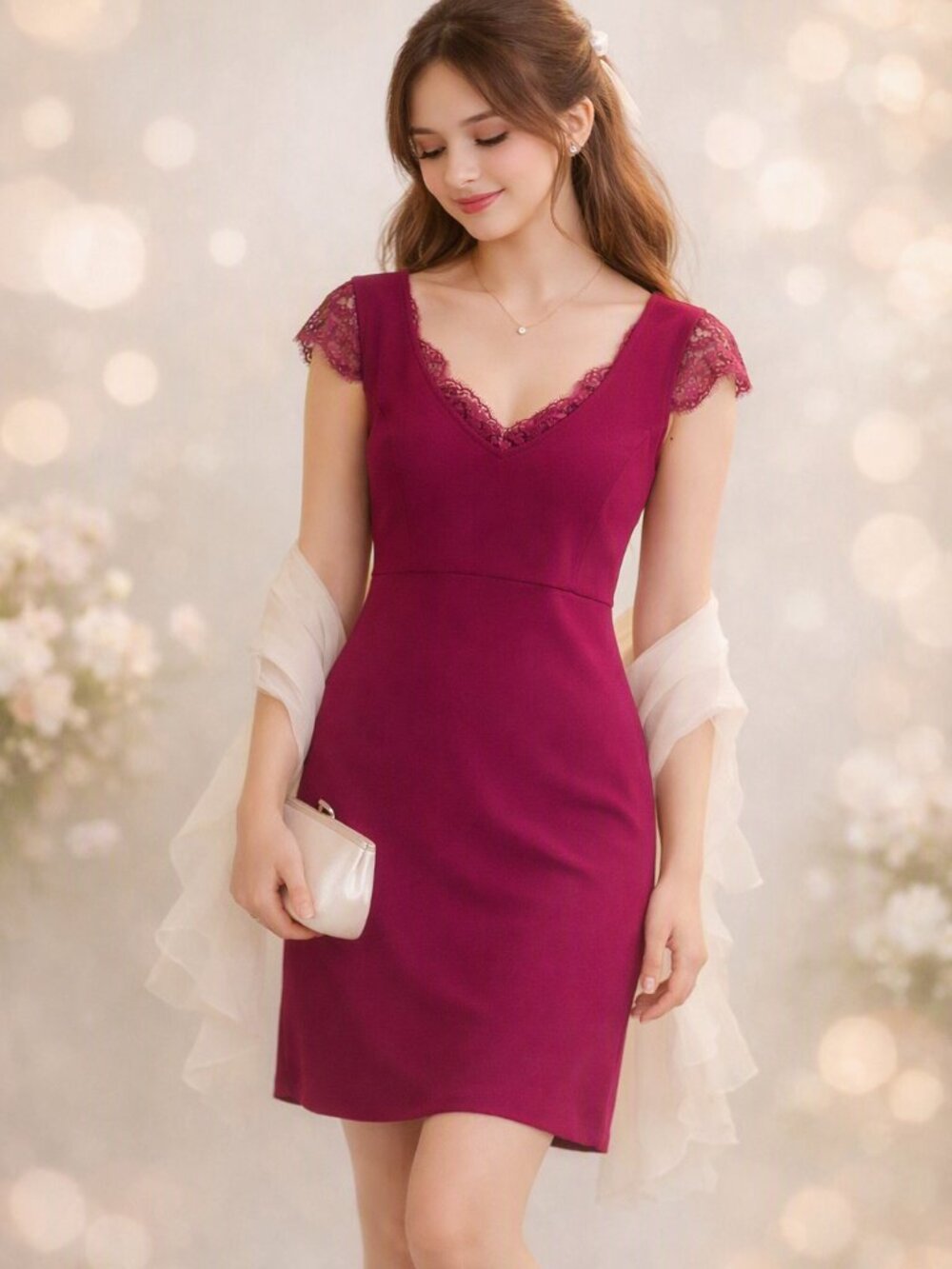 Decree Dark Cherry Dress  with Lace Accented Cap Sleeves and Neckline Junior M